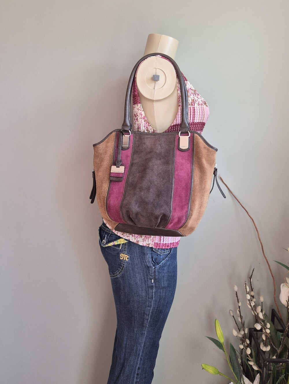 Tignanello Suede Panel Shoulder Tote Bag in Pink, Brown and Tan